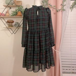 Green Plaid Long Sleeve Dress